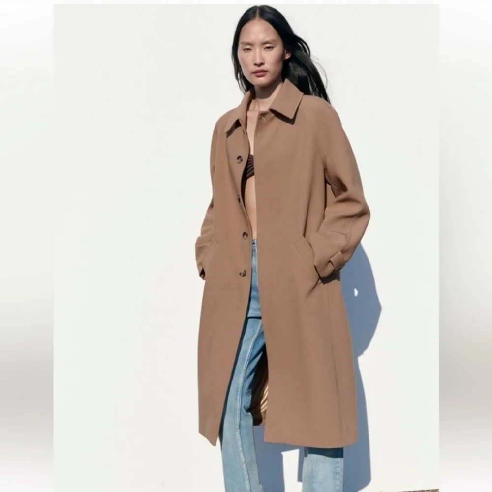 New Zara Champagne Long Pocket Coat Ref 2848/948 Small - Picture 4 of 14